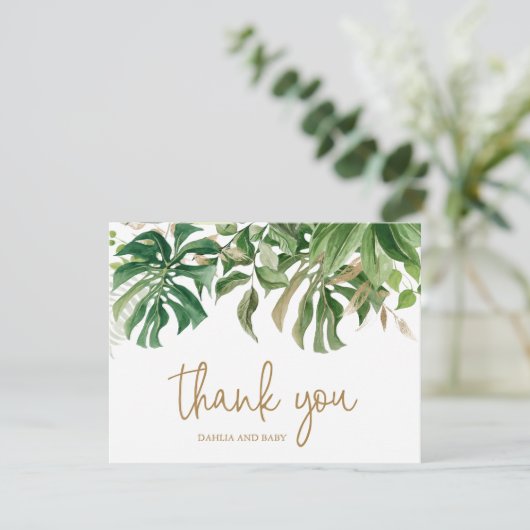 熱帯の緑の金ゴールド男女兼用ベビーシャワー サンキューカード (スタンド正面)