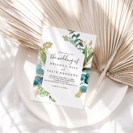 熱帯の緑を持つ金ゴールド結婚フローラ 招待状