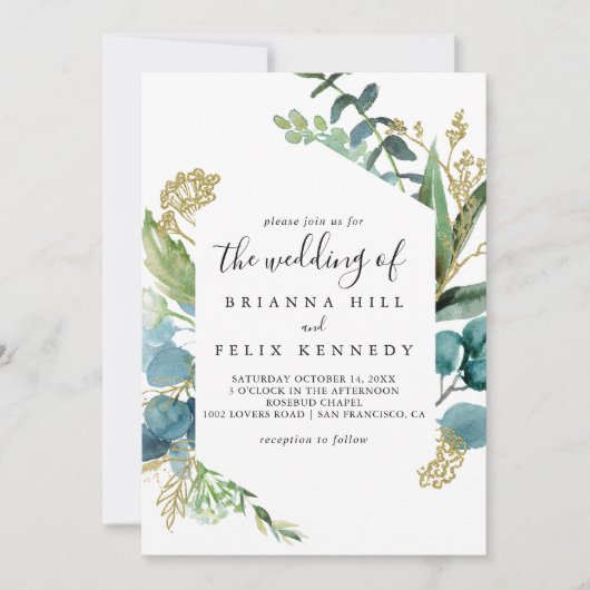 熱帯の緑を持つ金ゴールド結婚フローラ 招待状 (正面)
