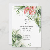 熱帯の緑葉の花とアンスリウムピンクの花 招待状 (正面)