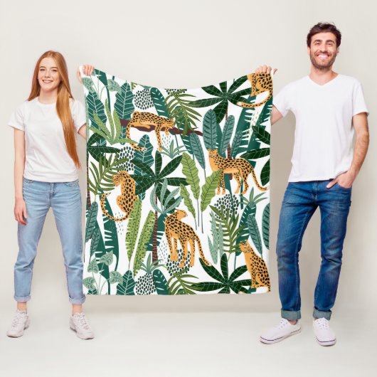 熱帯の緑豊かなジャングルのジャングルラッ葉プにヒョウヒョウ フリースブランケット (インサイチュ)
