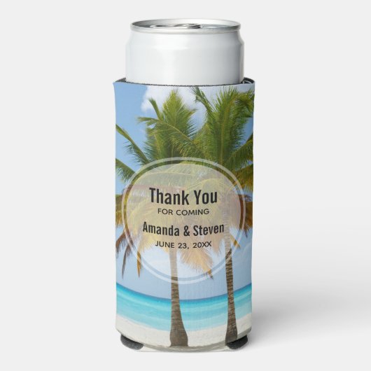 熱帯の美しいヤシの木ビーチ結婚式 スリム缶クーラー (Seltzer裏面)