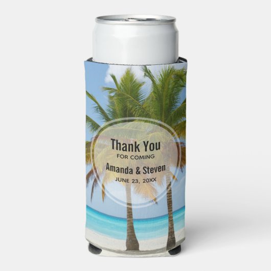 熱帯の美しいヤシの木ビーチ結婚式 スリム缶クーラー (Seltzer正面)