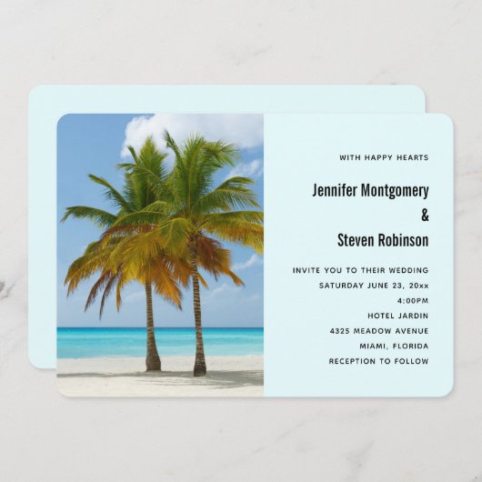 熱帯の美しいヤシの木ビーチ結婚式 招待状 (正面/裏面)