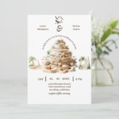 熱帯の至福 |パーソナライズされたビーチ結婚式ケーキ 招待状 (スタンド正面)