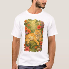 熱帯の花々に囲まれたゴールデン+タビー+タイガー Tシャツ
