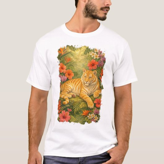 熱帯の花々に囲まれたゴールデン+タビー+タイガー Tシャツ (正面)