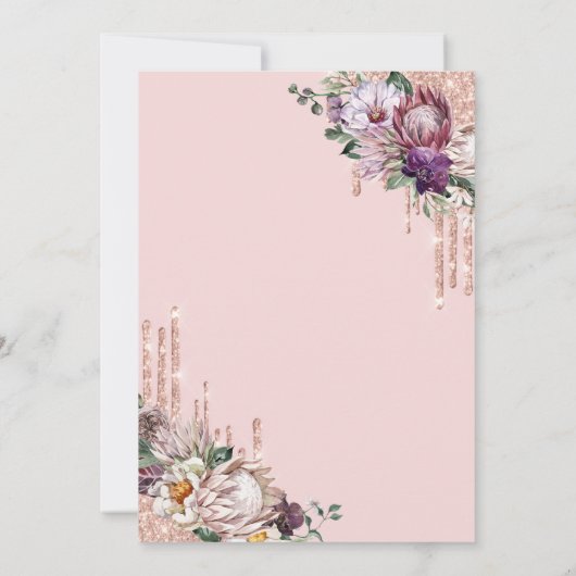 熱帯の花がピンクのブランチとバブリーを乾燥 招待状 (裏面)