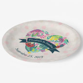 熱帯の花が咲くかわいいフローラ結婚ハート ペーパープレート (アングル)