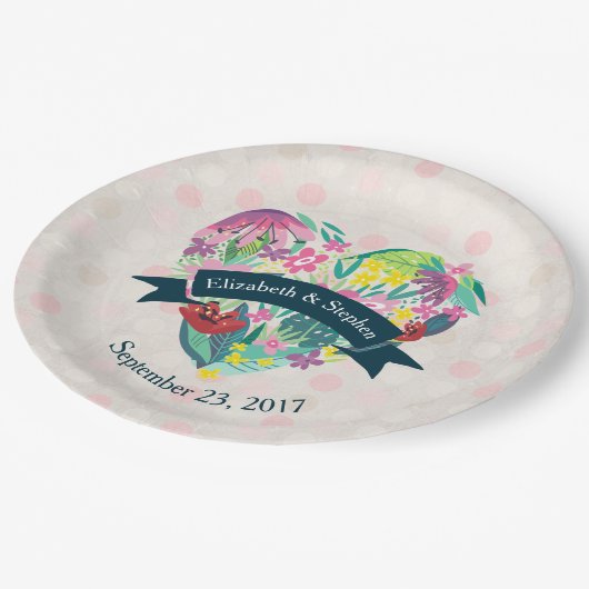 熱帯の花が咲くかわいいフローラ結婚ハート ペーパープレート (アングル)