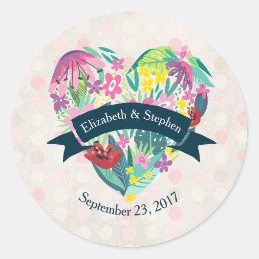 熱帯の花が咲くかわいいフローラ結婚ハート ラウンドシール (正面)