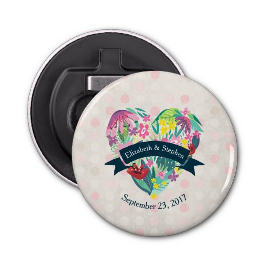 熱帯の花が咲くかわいいフローラ結婚ハート 栓抜き (正面)