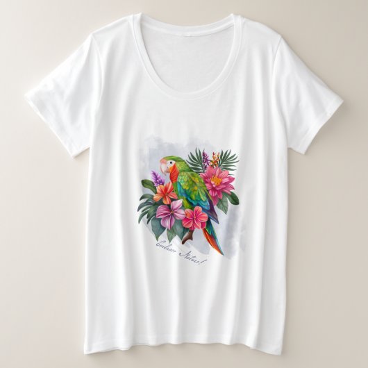 熱帯の花とオウム – 抱擁自然 プラスサイズTシャツ (デザイン正面)