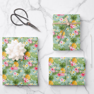 熱帯の花とパイナップル ラッピングペーパーシート