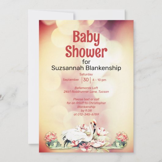 熱帯の花とフラミンゴのカスタム赤ちゃんシャワー 招待状 (正面)