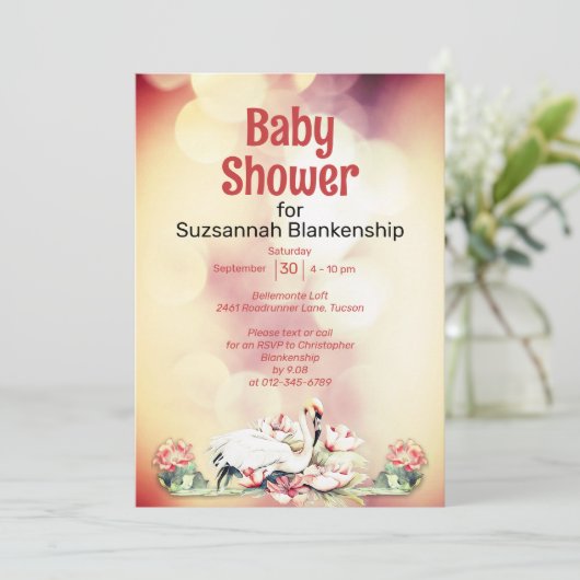 熱帯の花とフラミンゴのカスタム赤ちゃんシャワー 招待状 (スタンド正面)