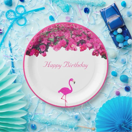熱帯の花とフラミンゴ誕生日 ペーパープレート (パーティー)