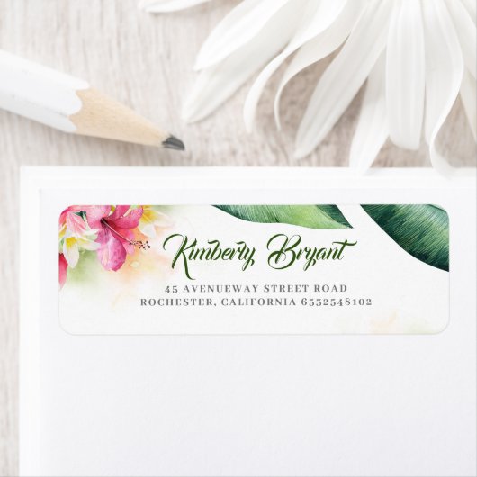 熱帯の花とヤシの離れビーチシーサイド ラベル (インサイチュ)