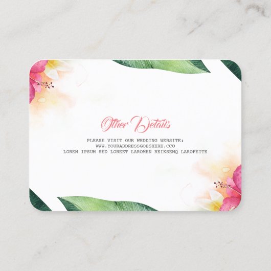 熱帯の花とヤシ葉のビーチ結婚式 名刺 (裏面)