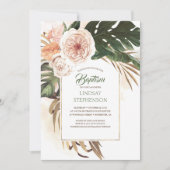 熱帯の花と乾燥したヤシの葉のバプテスマ 招待状 (正面)