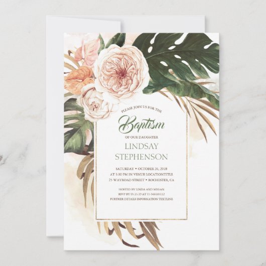 熱帯の花と乾燥したヤシの葉のバプテスマ 招待状 (正面)