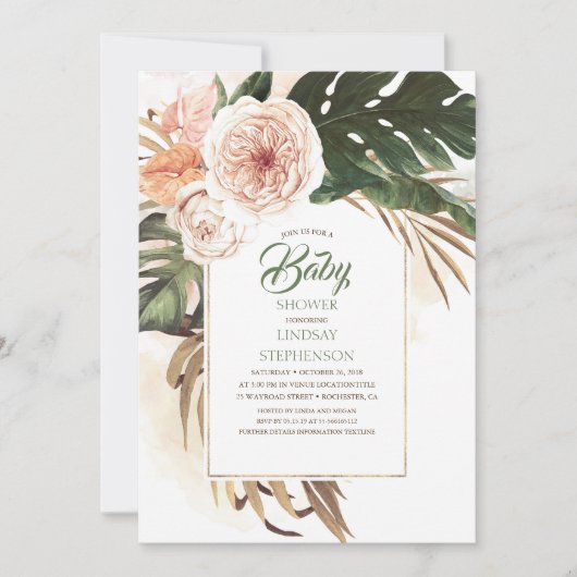熱帯の花と乾燥したヤシの葉の赤ちゃんシャワー 招待状 (正面)