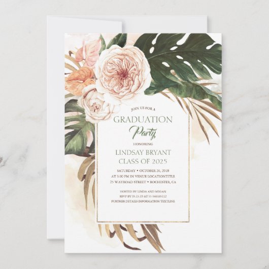 熱帯の花と乾燥したヤシの葉卒業 招待状 (正面)