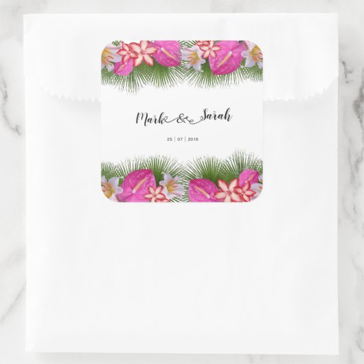 熱帯の花と手のひら葉の書道 スクエアシール (バッグ)