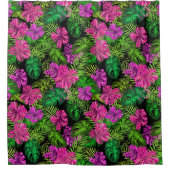 熱帯の花と植物が黒い シャワーカーテン (正面)