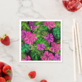 熱帯の花と植物が黒い スタンダードカクテルナプキン (インサイチュ)