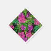 熱帯の花と植物が黒い スタンダードカクテルナプキン (角)