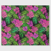 熱帯の花と植物が黒い ラッピングペーパー (フラット)