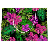 熱帯の花と植物が黒い ラージペーパーバッグ (正面)