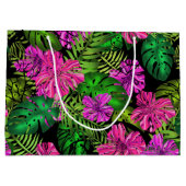 熱帯の花と植物が黒い ラージペーパーバッグ (裏面)