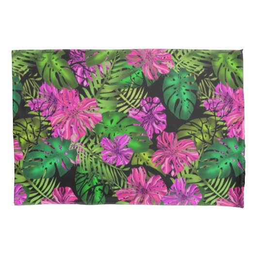 熱帯の花と植物が黒い 枕カバー (正面)