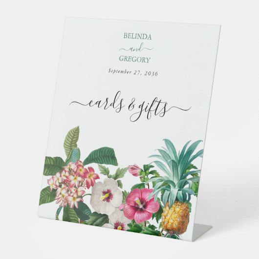 熱帯の花と緑のウェディングカードギフト 台座サイン (正面)