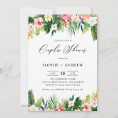 熱帯の花と緑のカップルがシャワー 招待状 (正面)