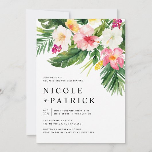 熱帯の花と緑のカップルがシャワー 招待状 (正面)