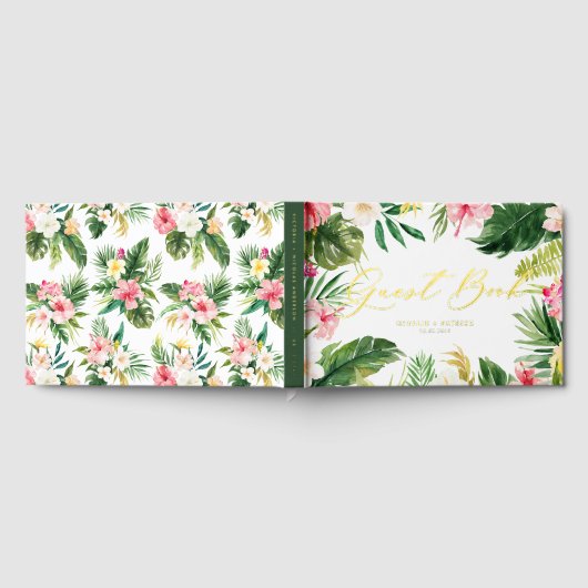 熱帯の花と緑のフレーム夏結婚の ゲストブック (全面)