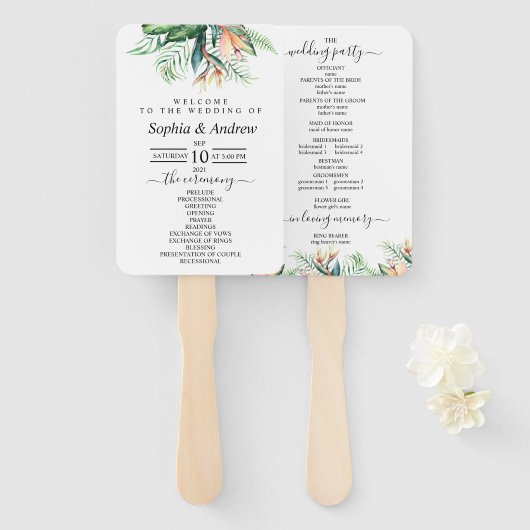 熱帯の花と緑の葉花のセット ハンドファン (正面&裏面)