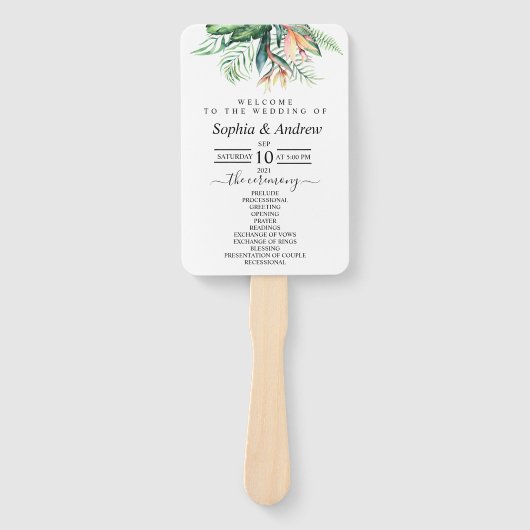 熱帯の花と緑の葉花のセット ハンドファン (正面)