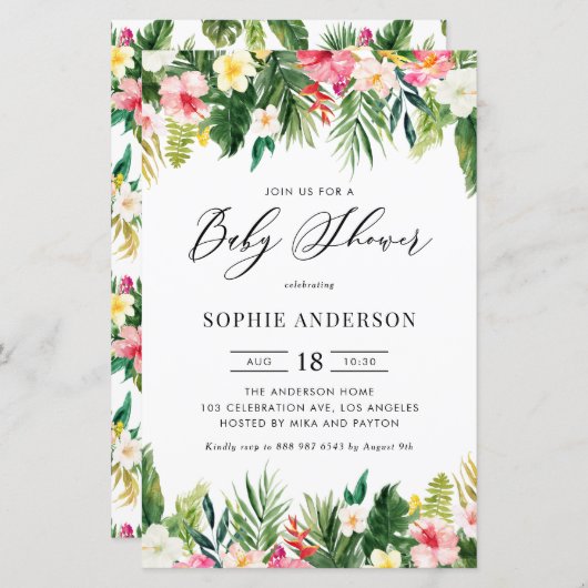 熱帯の花と緑の赤ちゃんシャワー招待状 (正面/裏面)