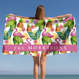 熱帯の花と葉スピンクフラミンゴカスタム ビーチタオル