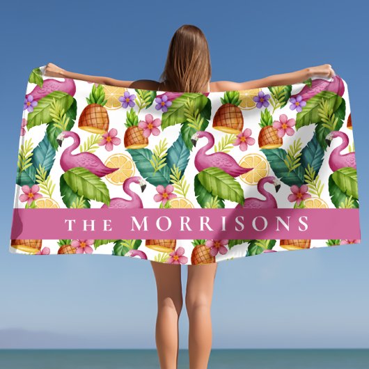 熱帯の花と葉スピンクフラミンゴカスタム ビーチタオル