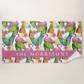 熱帯の花と葉スピンクフラミンゴカスタム ビーチタオル (正面)