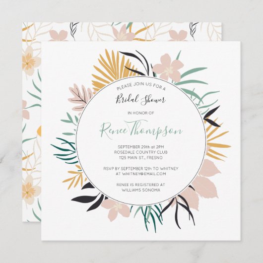 熱帯の花と葉ブライダルシャワー 招待状 (正面/裏面)