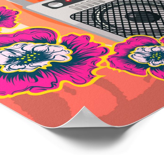 熱帯の花と葉花が咲くブームボックス ポスター (角)