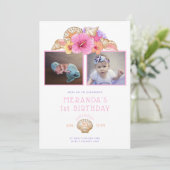 熱帯の花と貝殻ファースト誕生日 招待状 (スタンド正面)