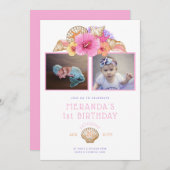 熱帯の花と貝殻ファースト誕生日 招待状 (正面/裏面)