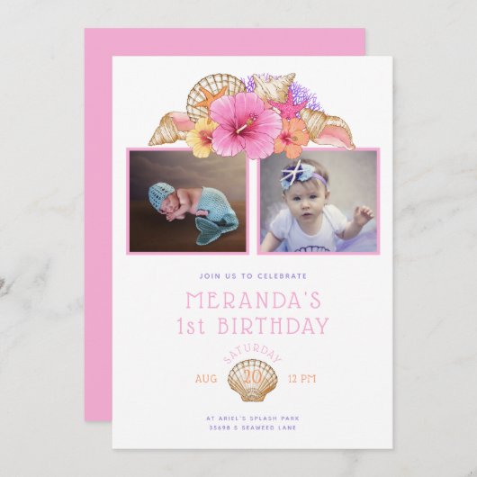 熱帯の花と貝殻ファースト誕生日 招待状 (正面/裏面)
